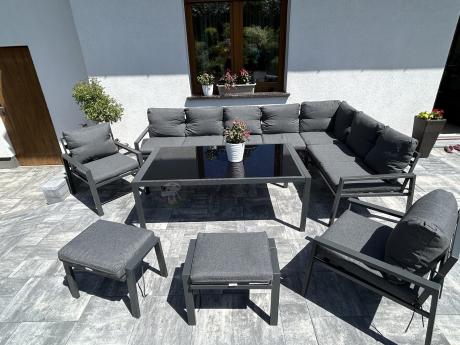 Grafitowe nowoczesne meble tarasowe Sodor Corner XXL narożnik z 2 fotelami i 2 pufami - Dark Grey