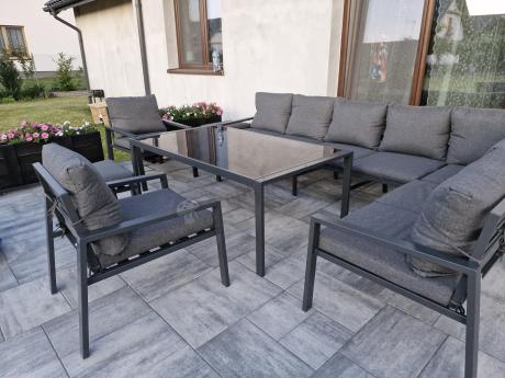 Grafitowe nowoczesne meble tarasowe Sodor Corner XXL narożnik z 2 fotelami i 2 pufami - Dark Grey