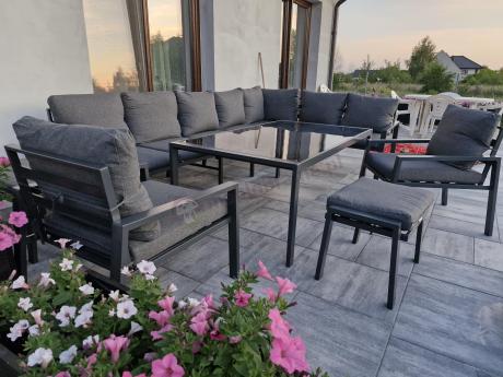 Grafitowe nowoczesne meble tarasowe Sodor Corner XXL narożnik z 2 fotelami i 2 pufami - Dark Grey