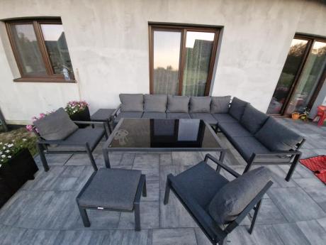 Grafitowe nowoczesne meble tarasowe Sodor Corner XXL narożnik z 2 fotelami i 2 pufami - Dark Grey