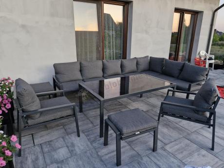 Grafitowe nowoczesne meble tarasowe Sodor Corner XXL narożnik z 2 fotelami i 2 pufami - Dark Grey