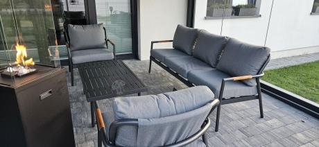 Grafitowy aluminiowy zestaw ogrodowy z sofą 190cm, fotelami i stolikiem kawowym - Ailo