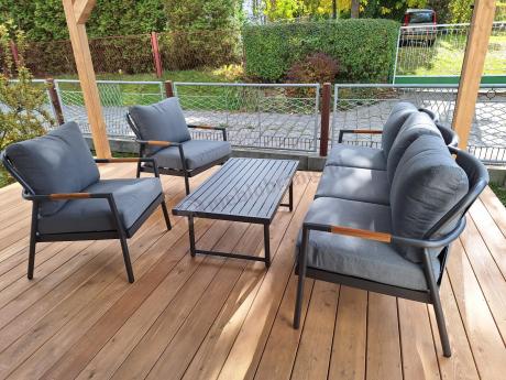 Grafitowy aluminiowy zestaw ogrodowy z sofą 190cm, fotelami i stolikiem kawowym - Ailo