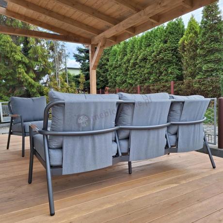 Grafitowy aluminiowy zestaw ogrodowy z sofą 190cm, fotelami i stolikiem kawowym - Ailo