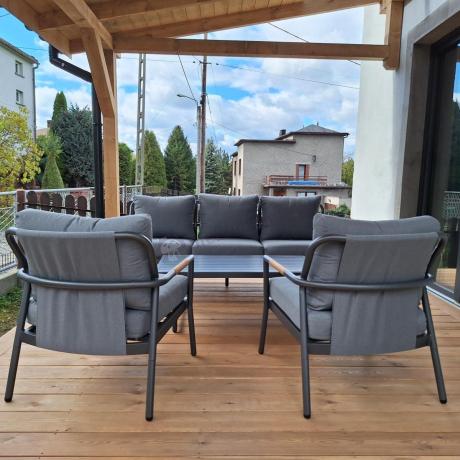 Grafitowy aluminiowy zestaw ogrodowy z sofą 190cm, fotelami i stolikiem kawowym - Ailo