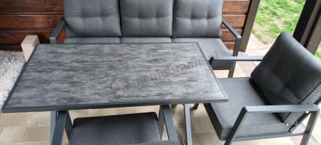 Grafitowy komplet aluminiowych mebli ogrodowych z wysokim stołem, sofą 190cm i fotelami - Elke Dining - Grey