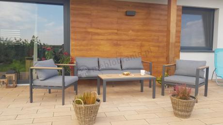 Grafitowy komplet aluminiowych mebli wypoczynkowych na taras Stine