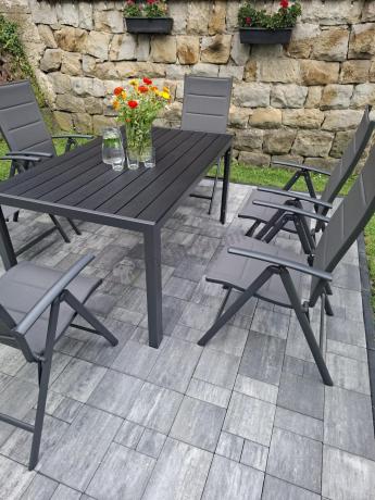 Grafitowy komplet mebli aluminiowych - stół 150cm + 6 krzeseł - Kanbery Antracite 6+1