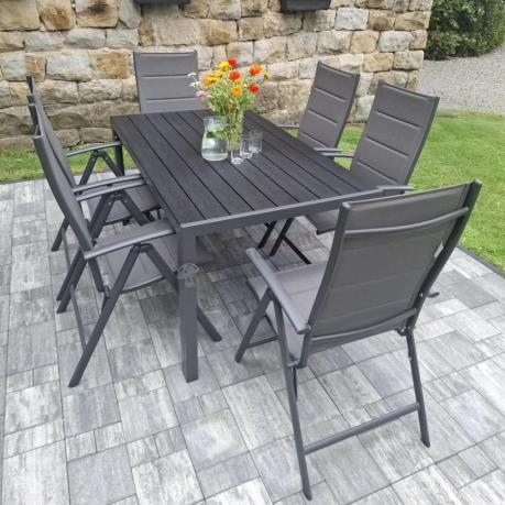 Grafitowy komplet mebli aluminiowych - stół 150cm + 6 krzeseł - Kanbery Antracite 6+1