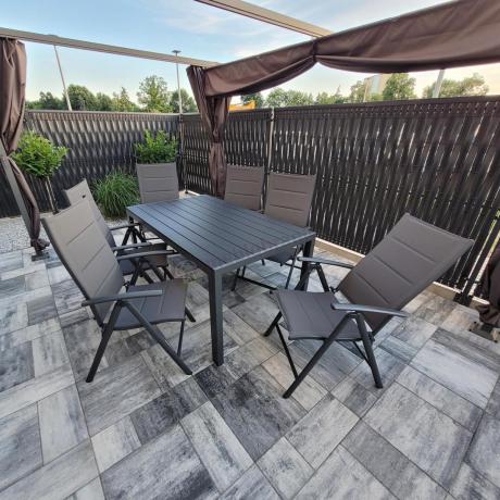 Grafitowy komplet mebli aluminiowych - stół 150cm + 6 krzeseł - Kanbery Antracite 6+1