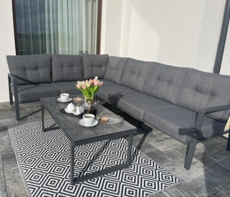 Grafitowy komplet mebli na taras - narożnik ze stolikiem - Elke Corner - Grey