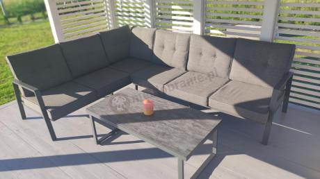 Grafitowy komplet mebli na taras - narożnik ze stolikiem - Elke Corner - Grey