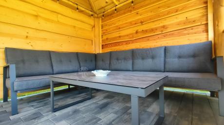 Grafitowy komplet mebli na taras - narożnik ze stolikiem - Elke Corner - Grey