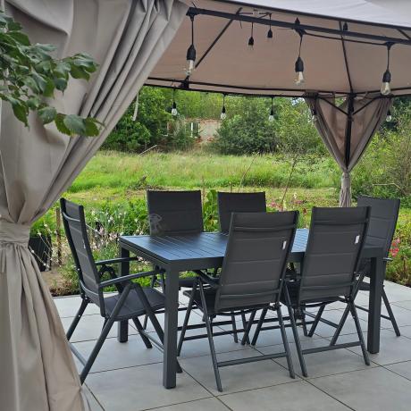 Grafitowy komplet mebli ogrodowych dla 10 osób - rozkładany aluminiowy stół 240cm Tabia i regulowane fotele