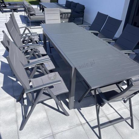 Grafitowy komplet mebli ogrodowych dla 10 osób - rozkładany aluminiowy stół 240cm Tabia i regulowane fotele