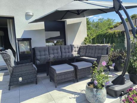 Grafitowy komplet mebli ogrodowych z narożnikiem 251x195cm technorattan - Laritto Corner