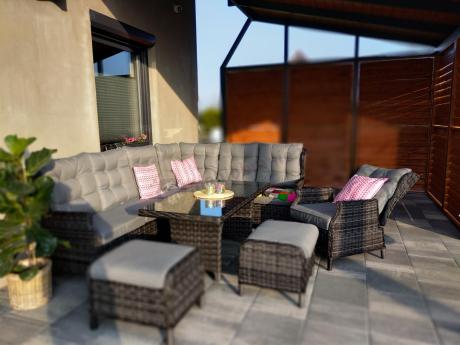 Grafitowy komplet mebli ogrodowych z narożnikiem 251x195cm technorattan - Laritto Corner