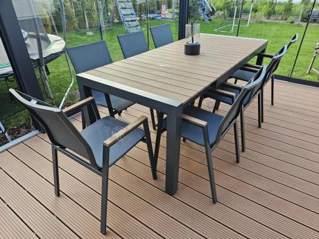 Grafitowy komplet mebli ogrodowych z rozkładanym stołem 210cm + 8 krzeseł Tanami Marla