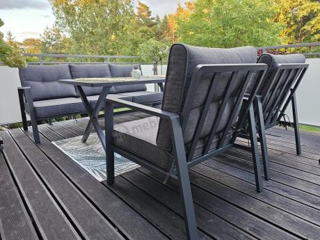 Grafitowy komplet mebli ogrodowych z wysokim stołem, sofą i fotelami - Elke Dining - Grey