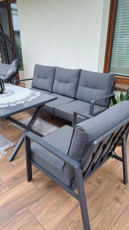 Grafitowy komplet mebli ogrodowych z wysokim stołem, sofą i fotelami - Elke Dining - Grey