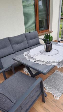 Grafitowy komplet mebli ogrodowych z wysokim stołem, sofą i fotelami - Elke Dining - Grey