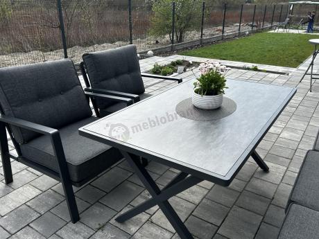 Grafitowy komplet mebli ogrodowych z wysokim stołem, sofą i fotelami - Elke Dining - Grey