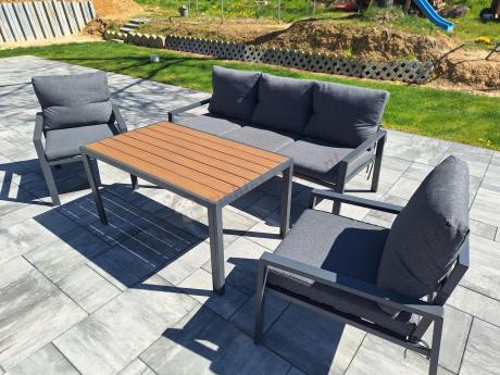 Grafitowy komplet ogrodowy metalowy z sofą 175 cm i stołem polywood Sodor Dining
