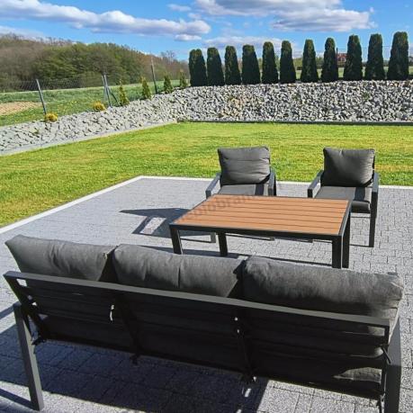 Grafitowy komplet ogrodowy metalowy z sofą 175 cm i stołem polywood Sodor Dining