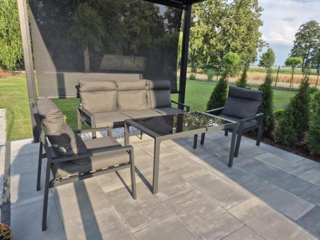Grafitowy komplet ogrodowy metalowy z wysokim oparciem z sofą 175cm Doros Dining