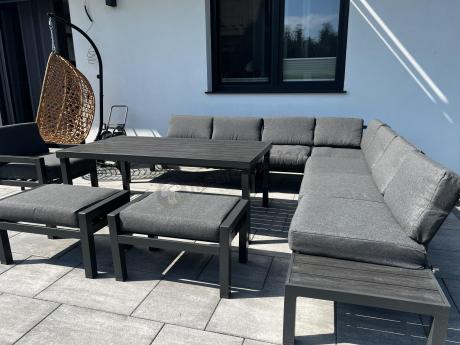 Grafitowy narożnik 283x283cm z wysokim stołem, fotelem i pufami - Calamba Corner XXL