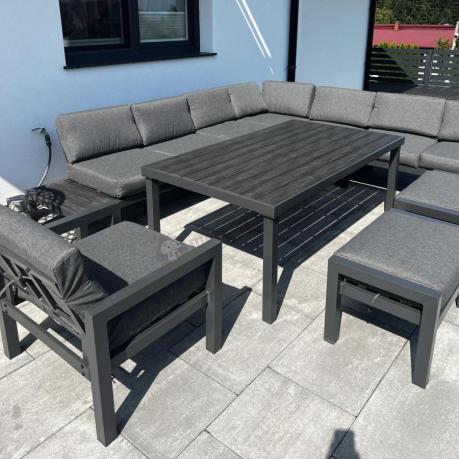 Grafitowy narożnik 283x283cm z wysokim stołem, fotelem i pufami - Calamba Corner XXL