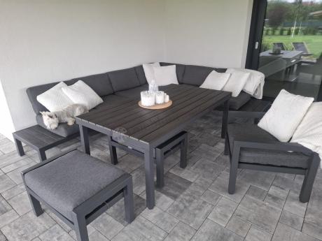 Grafitowy narożnik 283x283cm z wysokim stołem, fotelem i pufami - Calamba Corner XXL