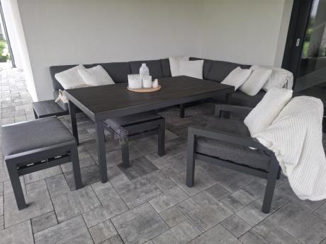 Grafitowy narożnik 283x283cm z wysokim stołem, fotelem i pufami - Calamba Corner XXL