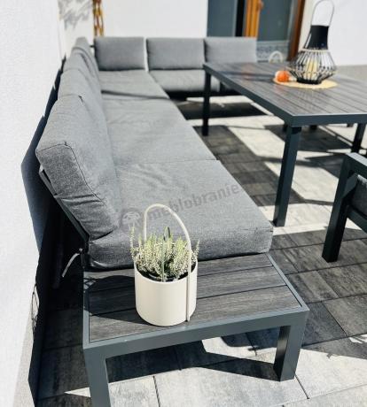 Grafitowy narożnik 283x283cm z wysokim stołem, fotelem i pufami - Calamba Corner XXL