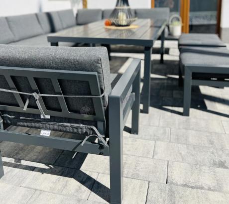 Grafitowy narożnik 283x283cm z wysokim stołem, fotelem i pufami - Calamba Corner XXL