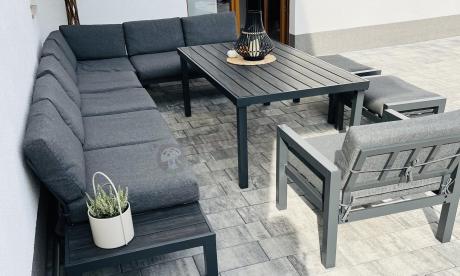 Grafitowy narożnik 283x283cm z wysokim stołem, fotelem i pufami - Calamba Corner XXL