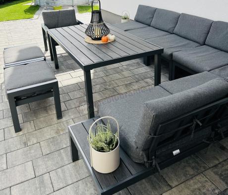 Grafitowy narożnik 283x283cm z wysokim stołem, fotelem i pufami - Calamba Corner XXL