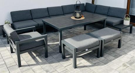 Grafitowy narożnik 283x283cm z wysokim stołem, fotelem i pufami - Calamba Corner XXL