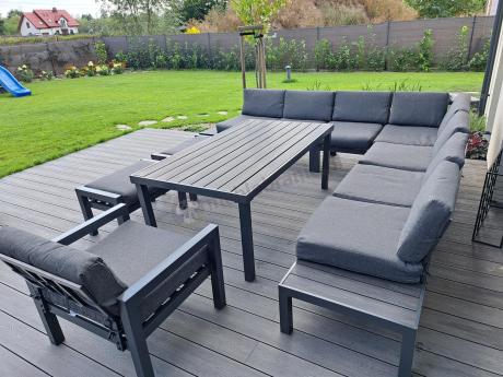 Grafitowy narożnik 283x283cm z wysokim stołem, fotelem i pufami - Calamba Corner XXL