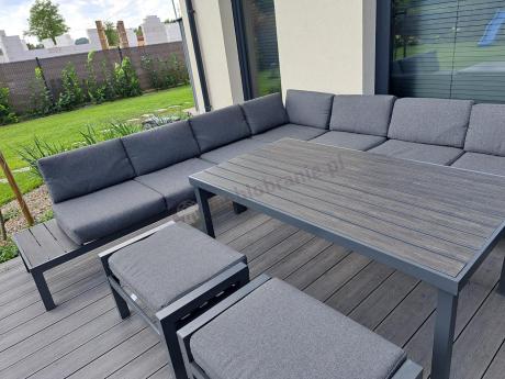 Grafitowy narożnik 283x283cm z wysokim stołem, fotelem i pufami - Calamba Corner XXL