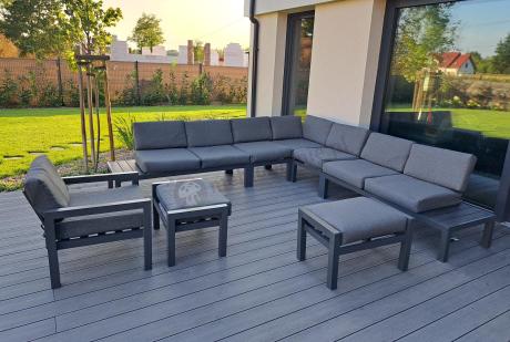 Grafitowy narożnik 283x283cm z wysokim stołem, fotelem i pufami - Calamba Corner XXL