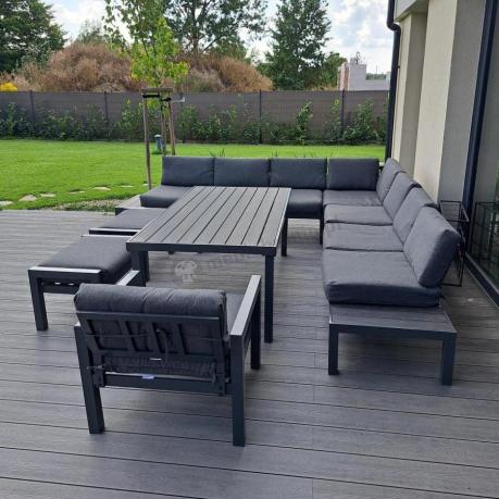 Grafitowy narożnik 283x283cm z wysokim stołem, fotelem i pufami - Calamba Corner XXL