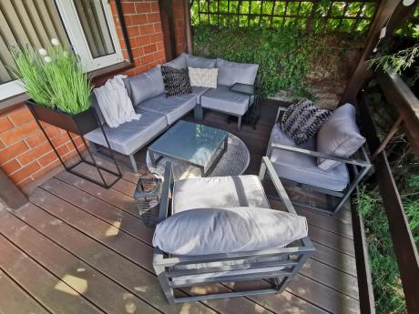 Grafitowy narożnik modułowy z fotelami Trapeno 5 modułów