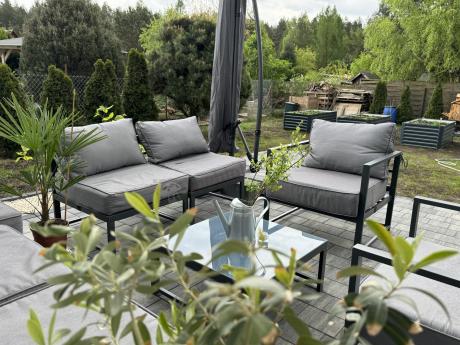 Grafitowy narożnik modułowy z fotelami Trapeno 5 modułów