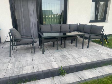 Grafitowy narożnik na taras z fotelem - metalowy stelaże - Sodor Corner XL - Dark Grey