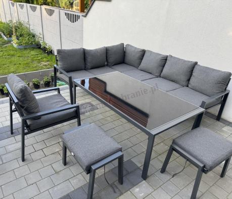 Grafitowy narożnik na taras z fotelem - metalowy stelaże - Sodor Corner XL - Dark Grey
