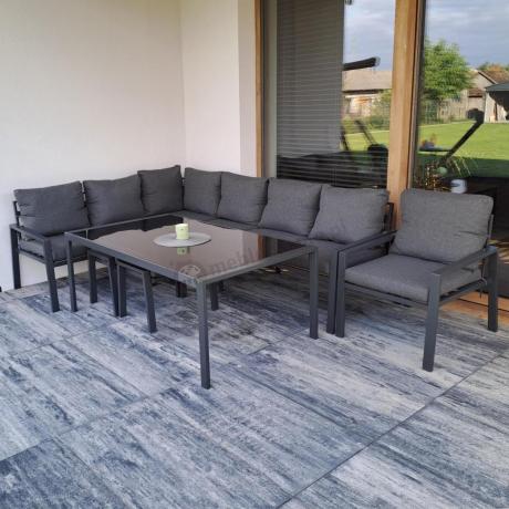 Grafitowy narożnik na taras z fotelem - metalowy stelaże - Sodor Corner XL - Dark Grey