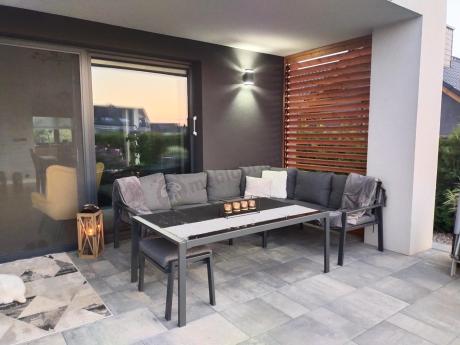 Grafitowy narożnik na taras z fotelem - metalowy stelaże - Sodor Corner XL - Dark Grey