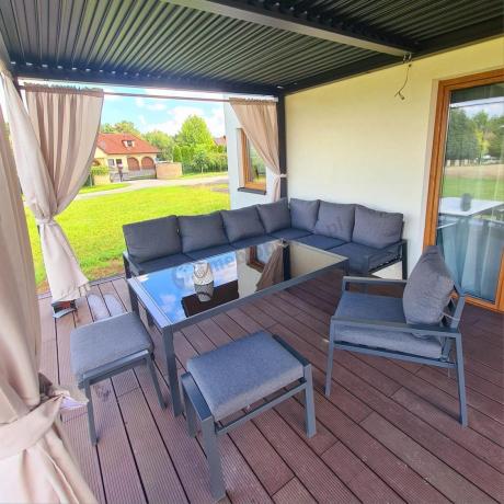 Grafitowy narożnik na taras z fotelem - metalowy stelaże - Sodor Corner XL - Dark Grey