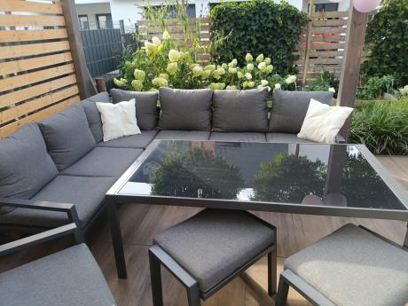 Grafitowy narożnik na taras z fotelem - metalowy stelaże - Sodor Corner XL - Dark Grey